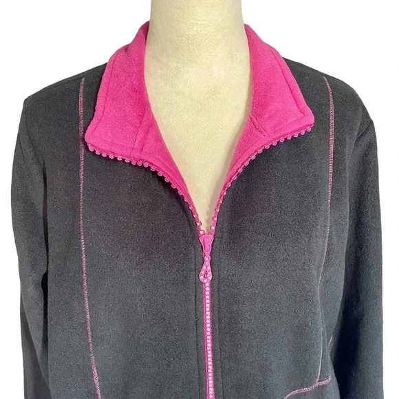 Quacker Factory Rhinestones Pink Zipper Black Fleece Comfy Sweater Women Size L - Picture 3 of 9